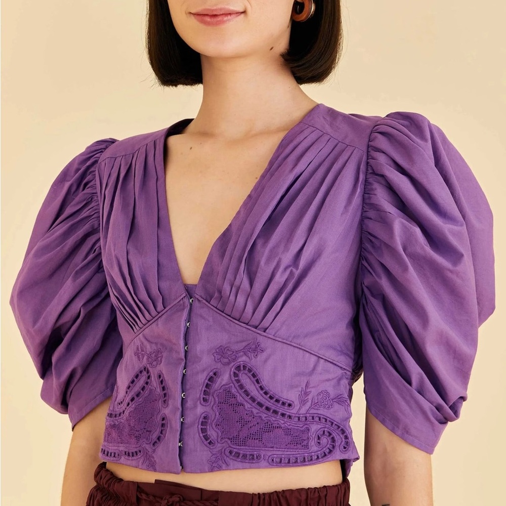 NWOT Farm Rio Purple Cropped Blouse, size S